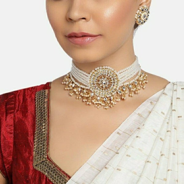 Kundan Choker | White Pearl Choker Necklace | Indian Choker | CZ Choker | Indian Wedding Jewelry | Sabyasachi Necklace | Delicate Necklace