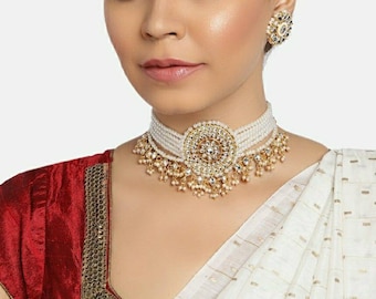 Kundan Choker | White Pearl Choker Necklace | Indian Choker | CZ Choker | Indian Wedding Jewelry | Sabyasachi Necklace | Delicate Necklace