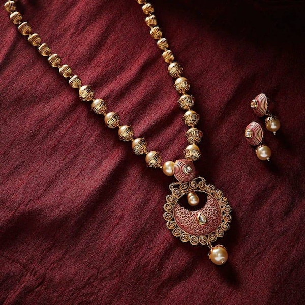 Long collier à pois/ Collier de perles semi-précieuses roses/ Long collier indien/ Bijoux pakistanais/ Collier long Kundan Mala/ Bijoux indiens
