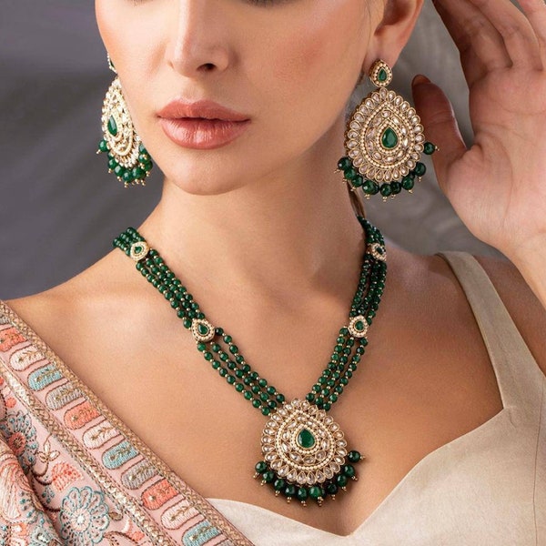 Long Polki Necklace, Gold Pleted Green Kundan Jewelry Set, Rani Haar, Indian Long Necklace, Pakistani Jewelry, Indian Jewelry Southindian