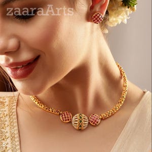 Antique Gold Plated Indian Jewelry Set, Indian Choker, Ruby Choker Necklace Set, CZ Zircon Necklace, Temple Jewelry, South Indian Jewelry