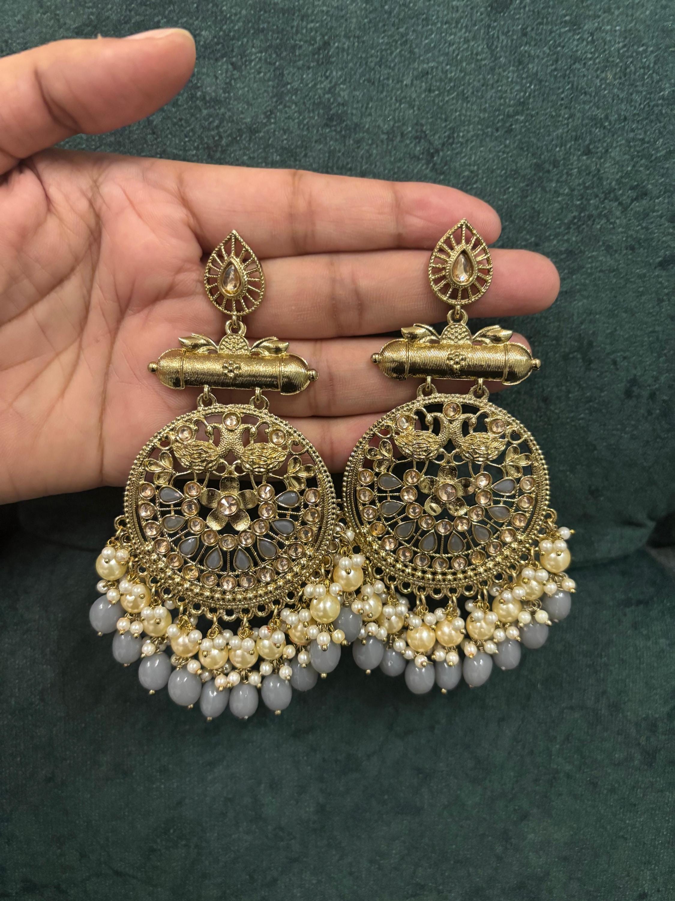 Boucles D'oreilles Lustre Indiennes/pakistanaises Avec Perles Blanches - Bijou Ethnique Neuf