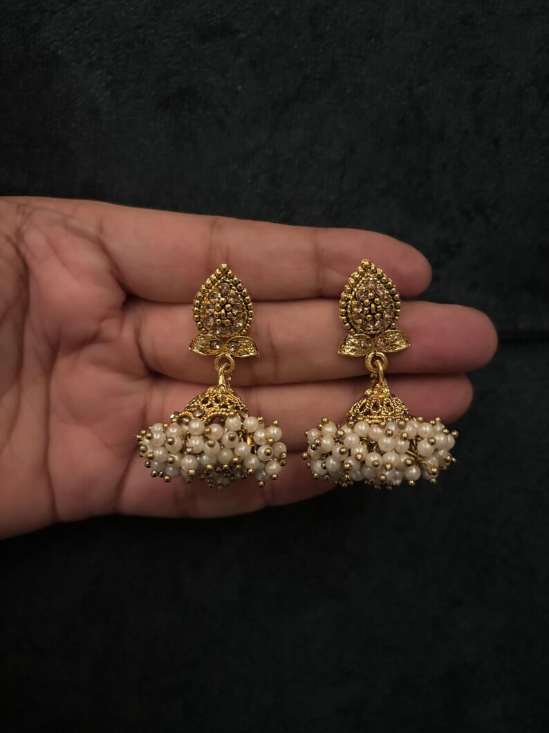 Pearl Jhumkas / Indian Wedding Jewelry/ Pakistani Jewelry/ Gold Jhumka/ Sabyasachi/ Indian Earrings/ Bollywood Jewelry/ Punjabi Earrings image 6