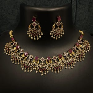 Ruby Necklace, Kemp Necklace, Gold Choker Necklace, Temple Jewelry, South Indian Necklace, Matte Gold Choker, Indian Jewelry/Bridal Neckalce
