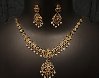 Antique Gold Plated Indian Jewelry Set, Indian Choker, Pearl Necklace, Guttapusalu Necklace, Earrings, Temple Jewelry, South Indian Jewelry