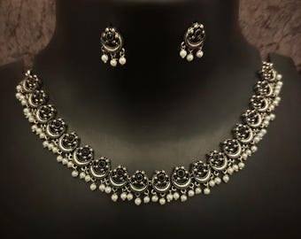 Silver Plated Hand Crafted Necklace - Indian Choker Necklace - German Silver Necklace Ethnic Jewelry - Boho Tribal Oxidized Jewelry