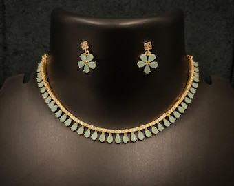 Emerald Mint Green Choker Necklace | Bridal Necklace | CZ Zircon Jewelry Set | Matt Gold Choker | Indian Jewelry | Ruby Green Necklace