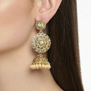 Antique Gold long Jhumkas/ Indian Earrings/ Indian Jewelry/ Pakistani Jewelry/ Pakistani Earrings/ Bollywood/ Unique Earrings/ Indian Weddin