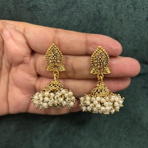 Pearl Jhumkas / Indian Wedding Jewelry/ Pakistani Jewelry/ Gold Jhumka/ Sabyasachi/ Indian Earrings/ Bollywood Jewelry/ Punjabi Earrings image 1