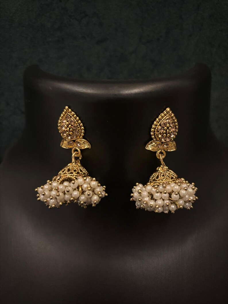 Pearl Jhumkas / Indian Wedding Jewelry/ Pakistani Jewelry/ Gold Jhumka/ Sabyasachi/ Indian Earrings/ Bollywood Jewelry/ Punjabi Earrings image 2