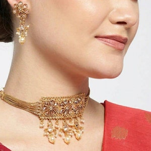 Gold Choker, Indian Jewelry, Pakistani Jewelry, Bollywood Jewelry, Victorian Necklace, Bridal Choker, Indian Wedding, Choker Necklace