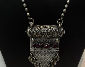Red Silver Plated Hand Crafted  Necklace - Indian Long Necklace - German Silver Necklace  Ethnic Jewelry - Boho Tribal Oxidized Jewelry
