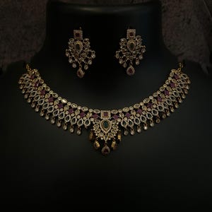Collana Kemp, collana di rubini, collana girocollo in oro, gioielli Templ/collana dell'India meridionale, girocollo in oro opaco, gioielli indiani, collana da sposa