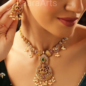 Antique Gold Plated Indian Jewelry Set, Indian Choker, White Pearl Ruby Necklace, Guttapusalu Necklace, Temple Jewelry, South Indian Jewelry