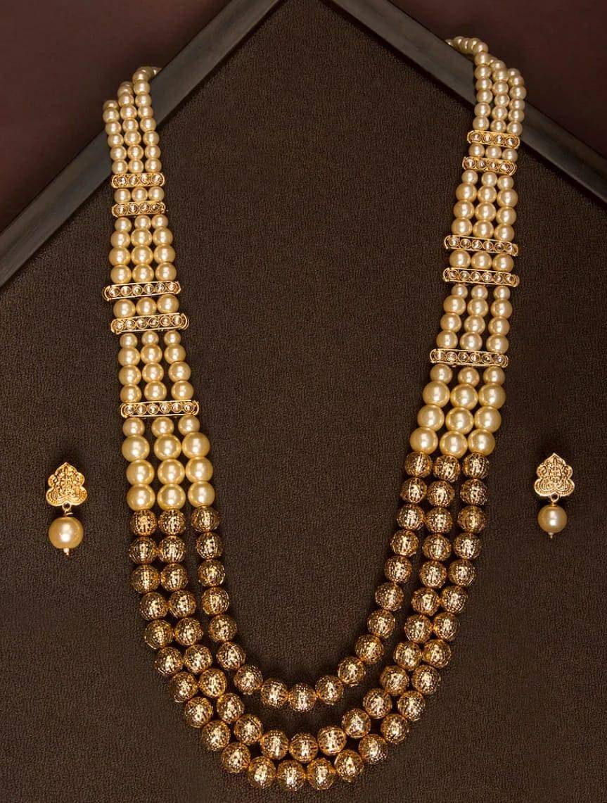 Long Necklace/ Gold Necklace/ Matar Mala/ White Mala/Temple Necklace/ Indian Necklace/ Beaded Gold Chain/ Indian Jewelry/ Temple Jewelry