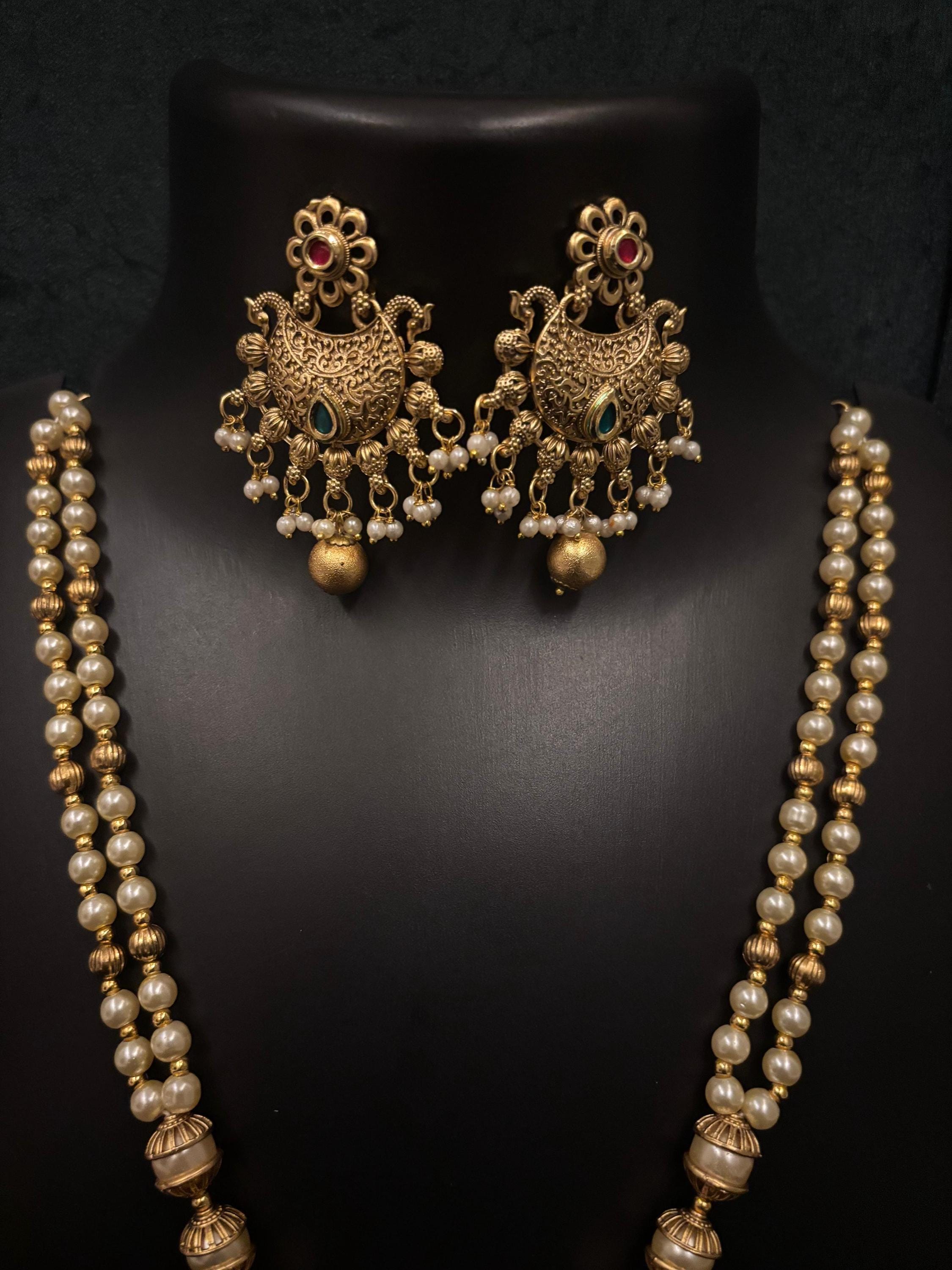 Antique Gold Plated Indian Jewelry Set, Indian Long Necklace, CZ