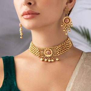 Gold Choker Necklace - Kemp Necklace - Ruby Necklace - Temple Jewelry - South Indian Jewellery Set - Indian Jewelry - Bridal Jewelry