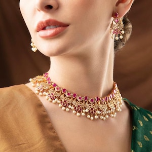 Ruby Necklace, Kemp Necklace, Gold Choker Necklace, Temple Jewelry, South Indian Necklace, Matte Gold Choker, Indian Jewelry/Bridal Neckalce