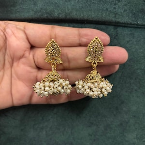 Pearl Jhumkas / Indian Wedding Jewelry/ Pakistani Jewelry/ Gold Jhumka/ Sabyasachi/ Indian Earrings/ Bollywood Jewelry/ Punjabi Earrings image 3