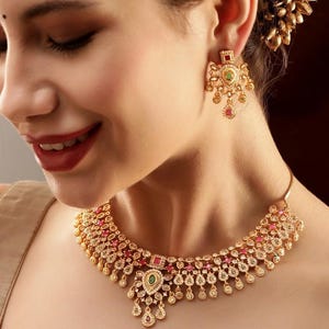 Kemp Necklace, Ruby Necklace, Gold choker necklace, Templ Jewelry/South Indian Necklace, Matte Gold choker, Indian Jewelry, Bridal Neckalce
