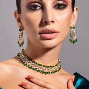 Emerald Green Diamond Necklace, Crystal Gold Statement Jewelry, Statement Necklace, Indian Wedding Jewelry, CZ Zircon Necklace