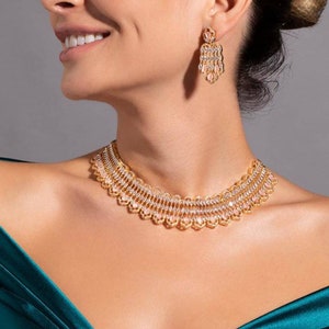 Emerald Diamond Necklace, Crystal Gold Statement Jewelry, Statement Necklace, Elegant Jewelry, Indian Wedding Jewelry, CZ Zircon Necklace