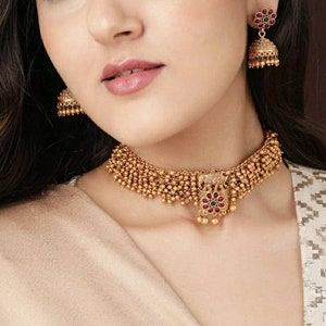 Gold Necklace, Ruby Choker Necklace Set, Ghungroo Necklace, Indian Choker, Guttapusalu Necklace, Temple Jewelry, South Indian Jewelry