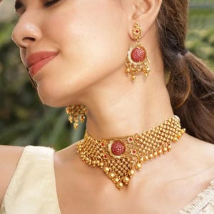 Gold Beaded Choker Necklace - Kemp Necklace - Ruby Necklace - Temple Jewelry - South Indian Jewellery Set - Indian Jewelry - Bridal Jewelry
