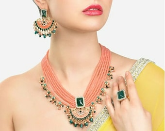 Emerald Green & Peach Choker Necklace Set - Indian Jewelry - Indian Necklace Set - Indian Choker - Indian Wedding Jewelry - Kundan Choker