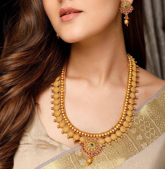 Matte Gold Original Kemp stone long necklace with Jhumka Earrings | So –  Indian Designs