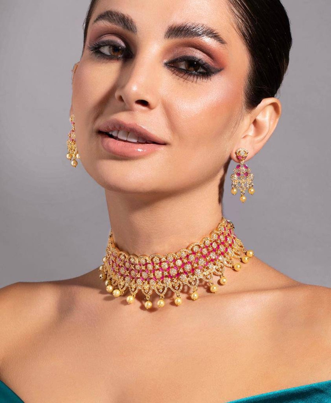 Emerald Diamond Choker Necklace Gold & Pink Choker Necklace Necklace