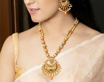 Antique Gold Necklace Indian Long Necklace One Gram Gold Necklace Kemp necklace Set Indian Jewelry Temple Jewelry Temple Necklace