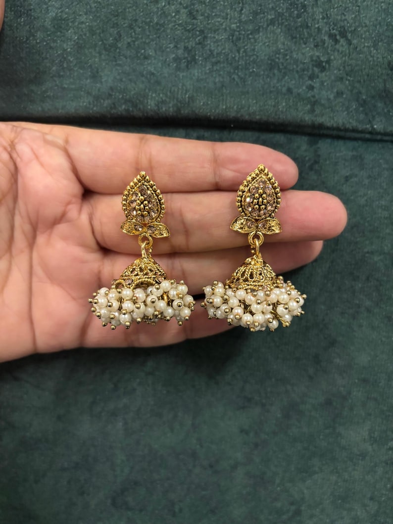 Pearl Jhumkas / Indian Wedding Jewelry/ Pakistani Jewelry/ Gold Jhumka/ Sabyasachi/ Indian Earrings/ Bollywood Jewelry/ Punjabi Earrings image 9