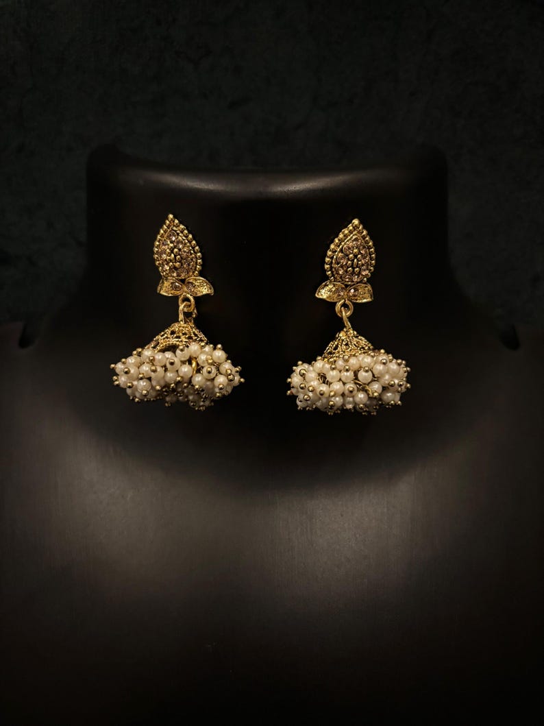 Pearl Jhumkas / Indian Wedding Jewelry/ Pakistani Jewelry/ Gold Jhumka/ Sabyasachi/ Indian Earrings/ Bollywood Jewelry/ Punjabi Earrings image 8