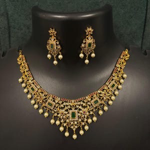 Collier Kemp, collier en rubis, collier ras du cou en or, bijoux du temple, collier de l'Inde du Sud, tour de cou en or mat/bijoux indiens/collier de mariée