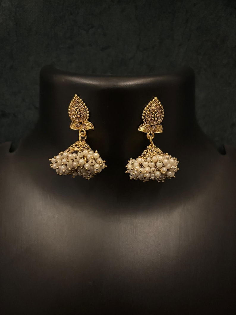 Pearl Jhumkas / Indian Wedding Jewelry/ Pakistani Jewelry/ Gold Jhumka/ Sabyasachi/ Indian Earrings/ Bollywood Jewelry/ Punjabi Earrings image 4
