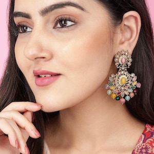 Polki Navratan Earring - Indian Earrings - Indian Jewelry - Pakistani Jewelry - Pakistani Earrings - Pearl Jhumka - Indian Wedding Jewelry