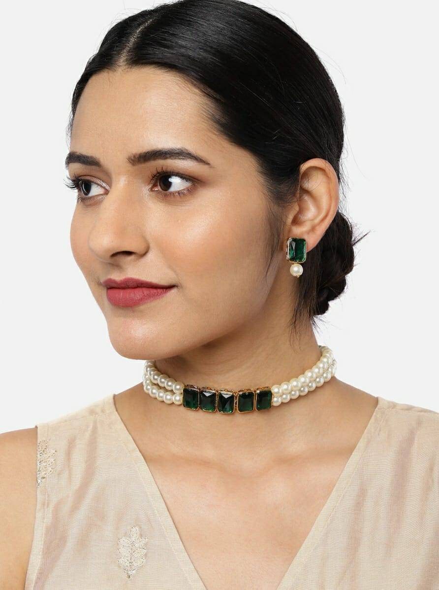Delicate Pearl Green Choker Necklace Set Polki Choker Delicate Gold