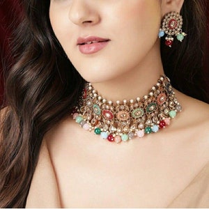 Choker Necklace - Multi Coloured Choker Necklace Set - South Indian Necklace - Indian Ethnic Jewelry - Bridal Jewelry - Pakistani Jewelry
