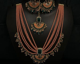 Emerald Green & Peach Choker Necklace Set - Indian Jewelry - Indian Necklace Set - Indian Choker - Indian Wedding Jewelry - Kundan Choker
