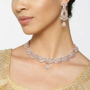 Emerald Diamond Necklace | Rose Gold Statement Jewelry | Statement Necklace | Elegant Jewelry | Indian Wedding Jewelry | CZ Zircon Necklace