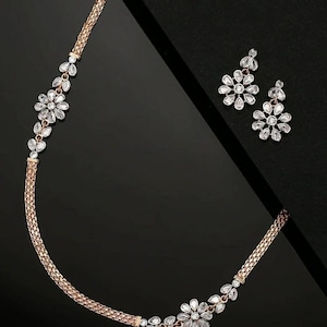 Rose Gold Floral Shaped Diamond Necklace Set | Statement Jewelry | Gift For Her | Unique Jewelry | Indian Jewelry | CZ Zircon Necklace