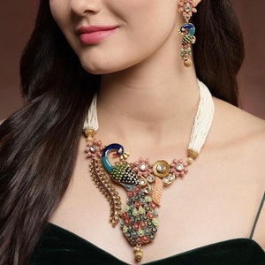 Long Meenakari Peacock Necklace Set, Indian Necklace, Matar Mala, One Gram Gold Necklace, Temple Jewelry, Indian Jewelry, Southindian Set