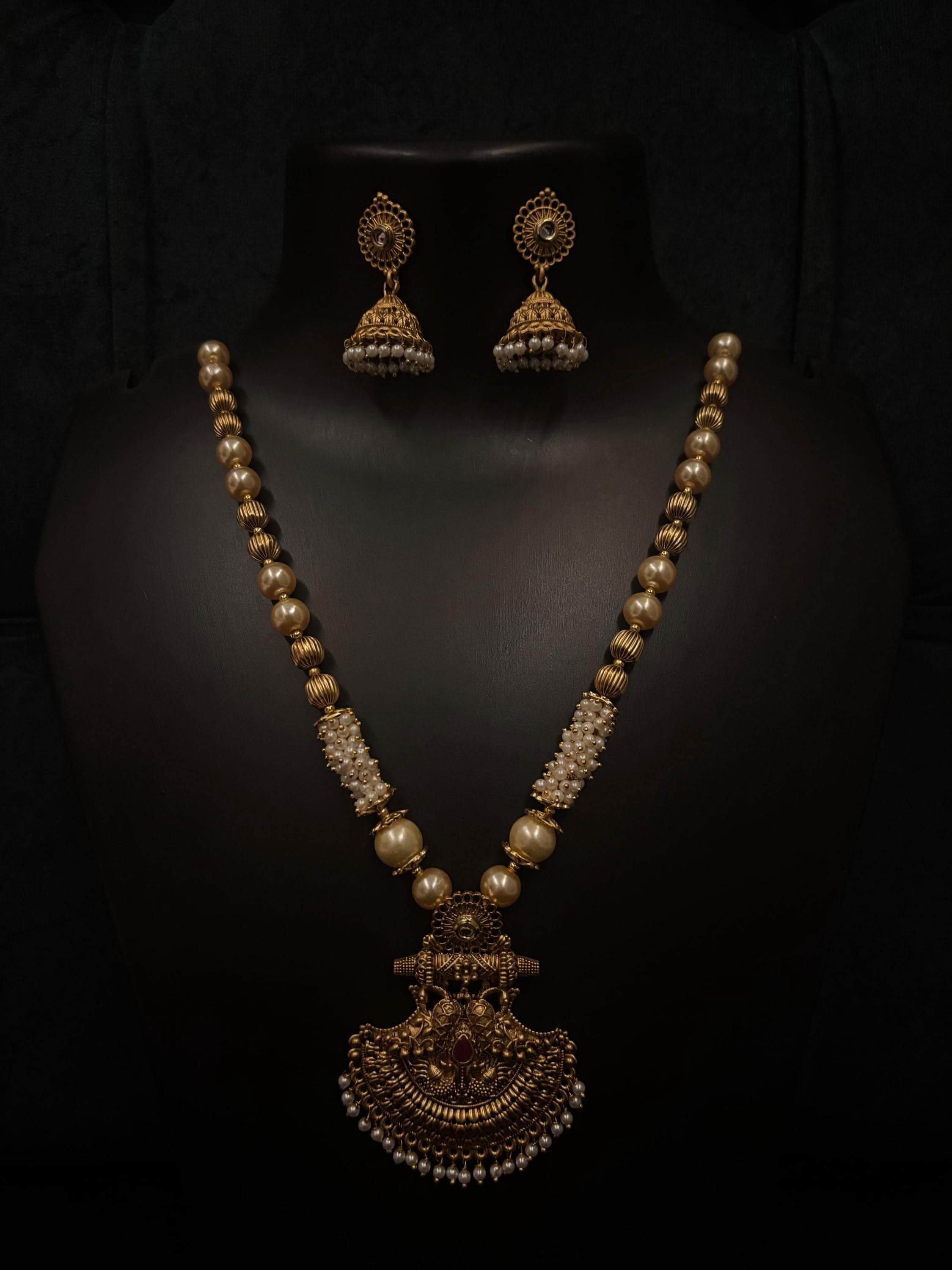 Antique Gold Plated Indian Jewelry Set, Indian Long Necklace, CZ