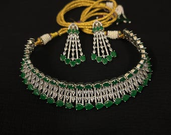 Emerald Green Diamond Necklace, Crystal Gold Statement Jewelry, Statement Necklace, Indian Wedding Jewelry, CZ Zircon Necklace