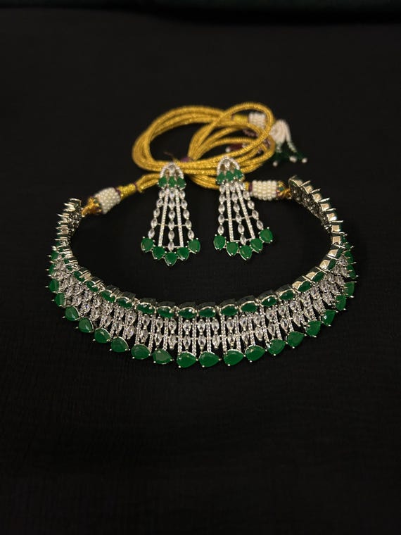 Emerald Green Diamond Necklace, Crystal Gold Statement Jewelry, Statement Necklace, Indian Wedding Jewelry, CZ Zircon Necklace