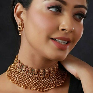 Antique Gold Necklace, Temple Jewelry Set, Goddess Lakshmi Choker Necklace, Southindian Jewelry Set, Temple Necklace Indian Wedding Jewelry