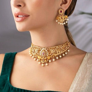 Ruby Choker Necklace - Matte Gold Choker Necklace - Temple Jewelry - South Indian Jewellery Set - Indian Jewelry - Bridal Jewelry Set