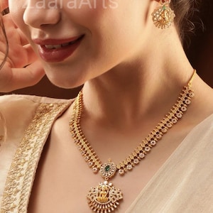 Antique Gold Plated Indian Jewelry Set, Indian Choker, CZ Necklace, Guttapusalu Necklace, Earrings, Temple Jewelry, South Indian Jewelry