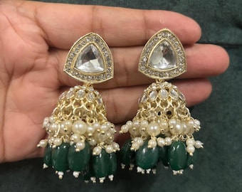 Kundan Jhumka Earrings | Green Bead Jhumkas | Indian Bridal Earrings | Pearl Cluster Jhumkas | Traditional Ethnic Jewelry | Wedding Festive